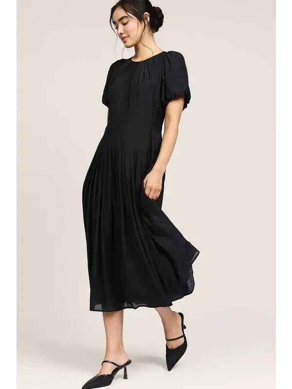 pleated puff sleeve midi dress plus size Chic Snowsui Pleated Midi plus size White dress with Hollow Lace and Puff Sleeves