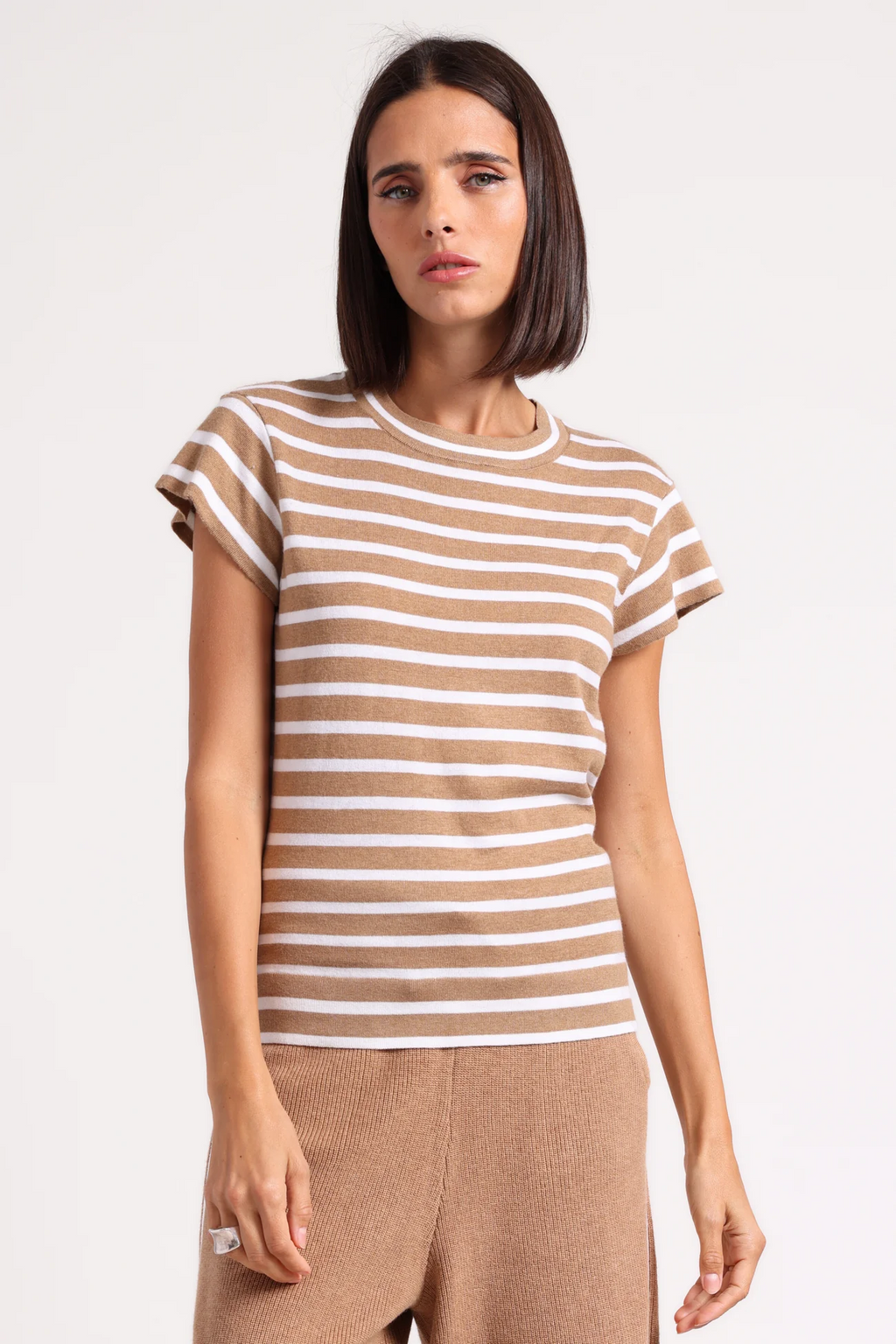 supima cotton cashmere striped cap sleeve in desert sand