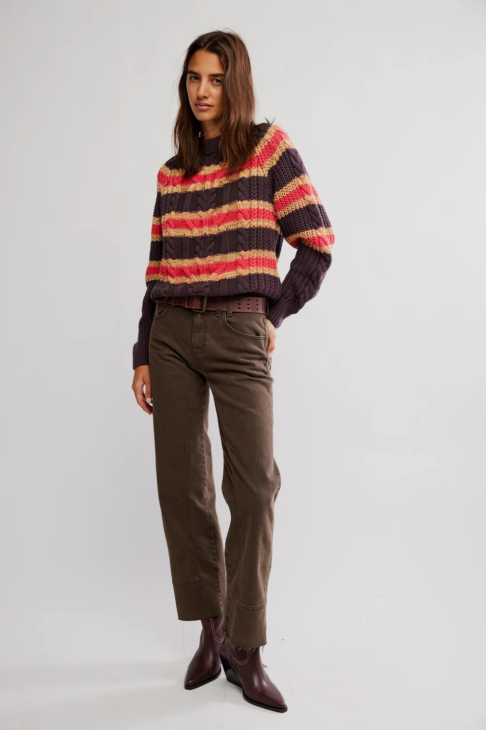 frankie cable striped pullover in chocolate combo