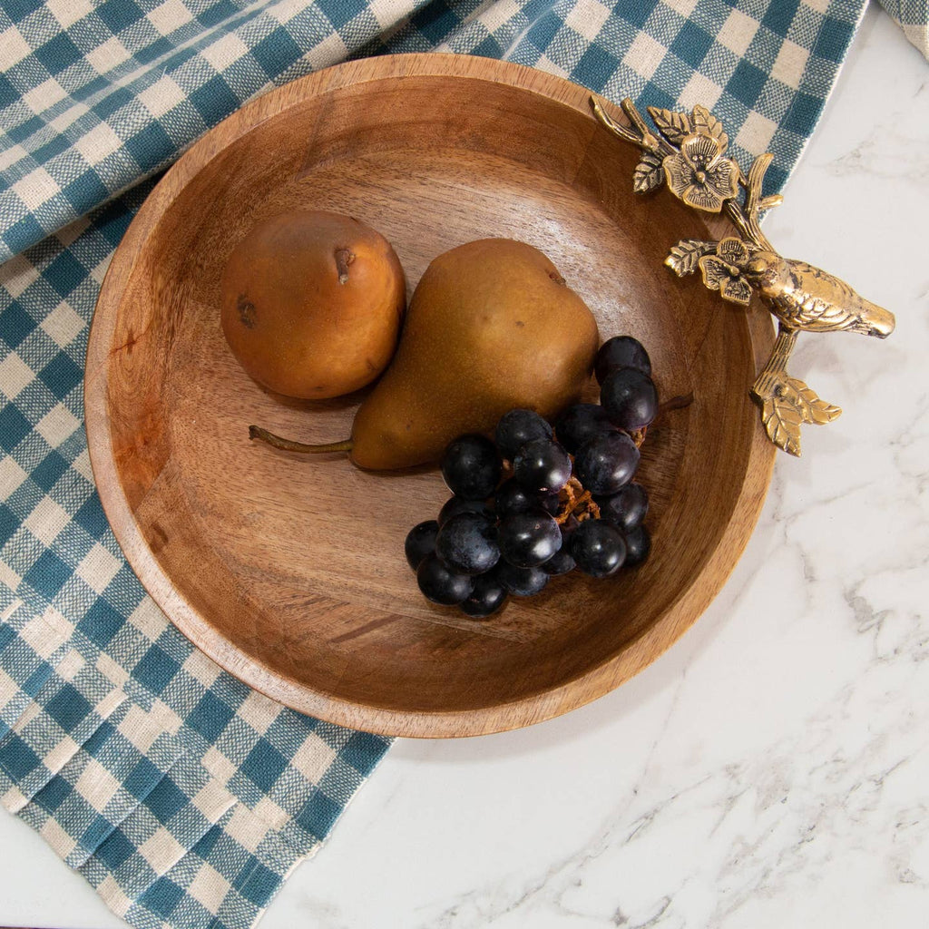 wooden bowl with brass bird