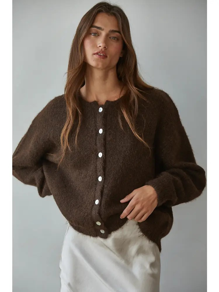 round neck cardi in dark chocolate