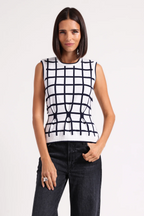 viscose windowpane pleated sleeveless top