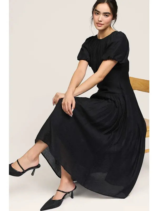 puff sleeve pleated midi