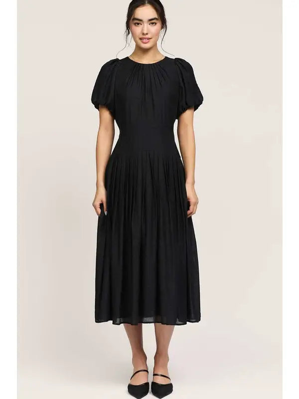 puff sleeve pleated midi