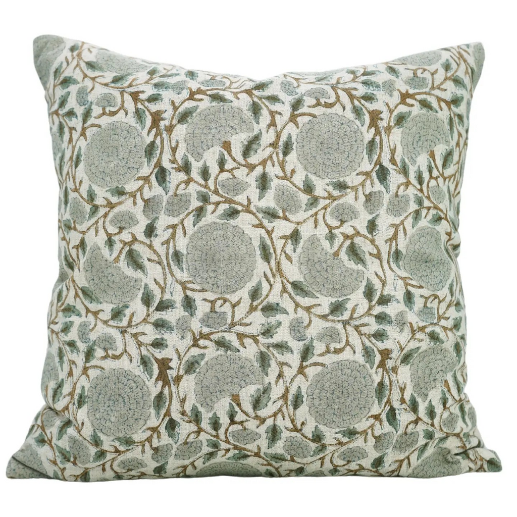 handmade block print 20 x 20 pillow - hydrangea