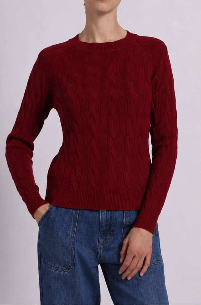 cotton classic cable crew in cherry