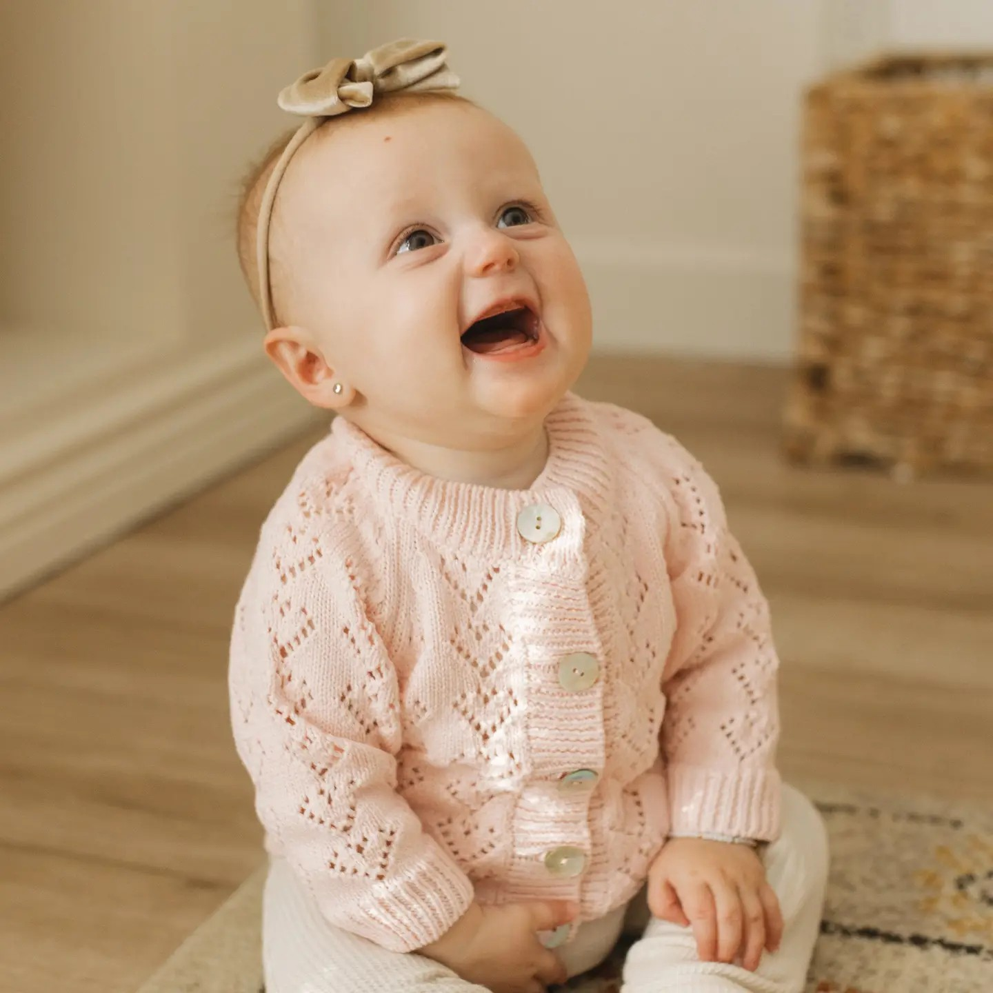 heart lace baby cardigan in blush pink