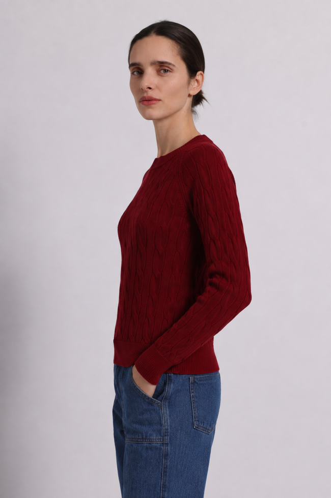 cotton classic cable crew in cherry