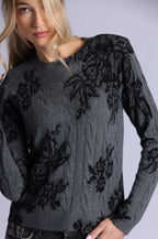 cashmere printed lace cable crewneck