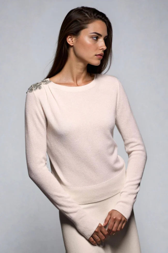 cashmere top with shoulder embellishment