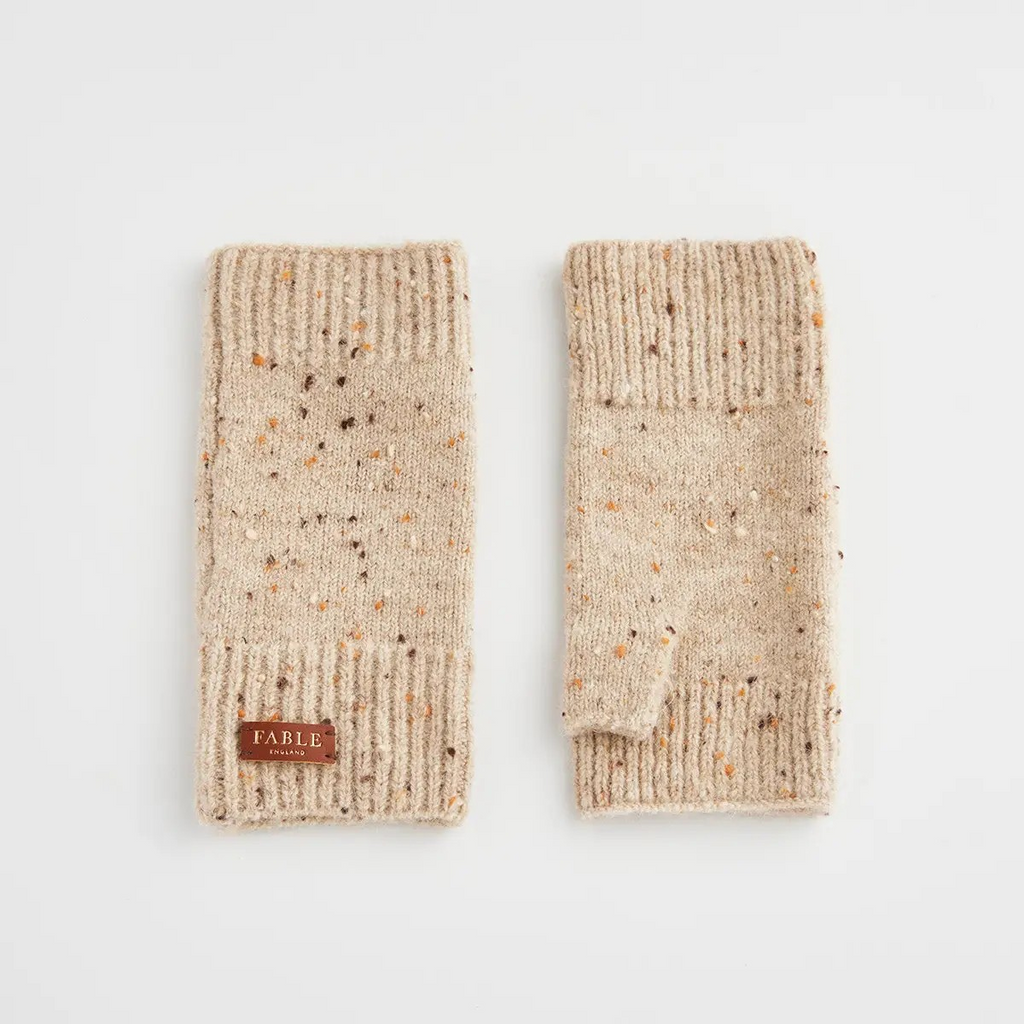 flecked yarn fingerless gloves in taupe