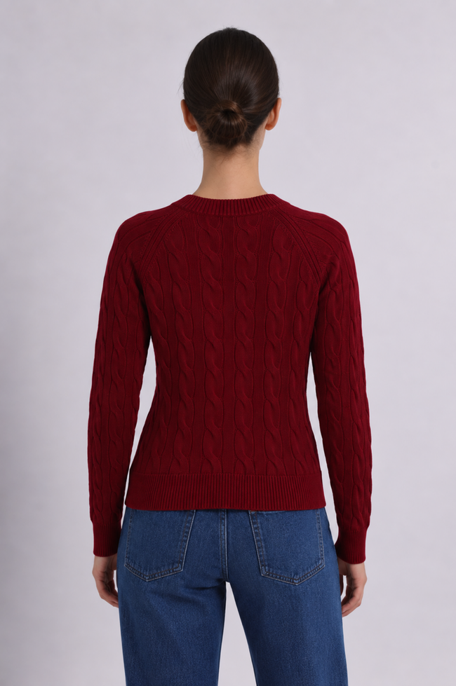 cotton classic cable crew in cherry