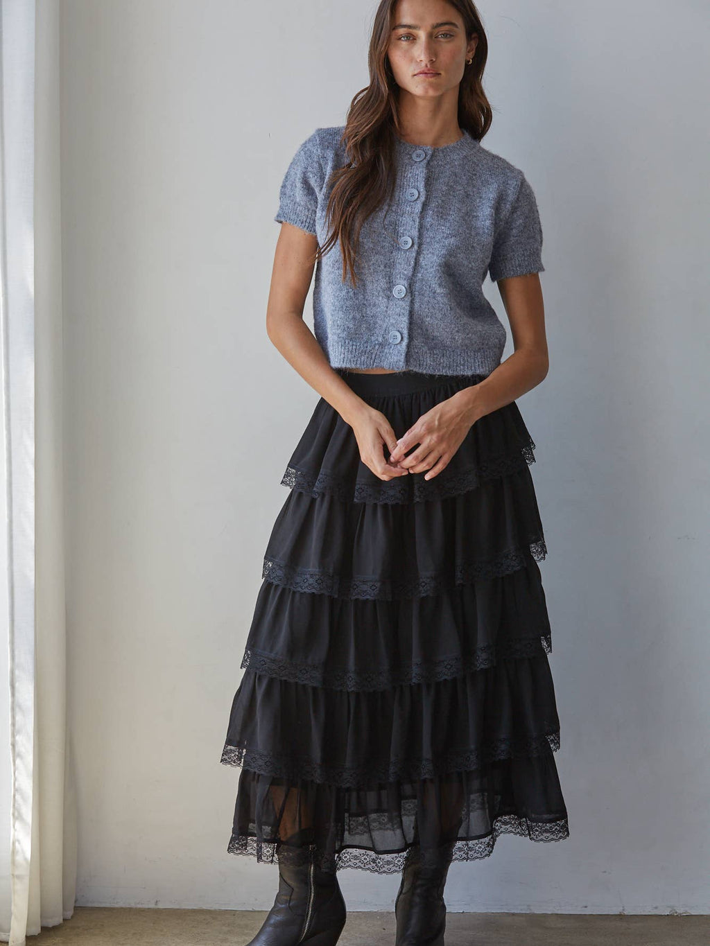 knit button down in blue grey