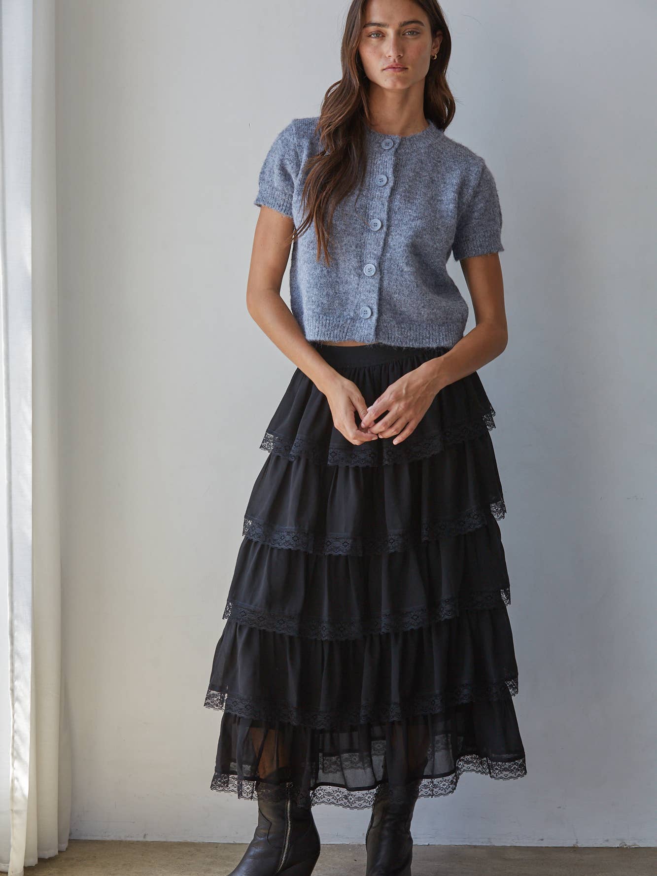 knit button down in blue grey