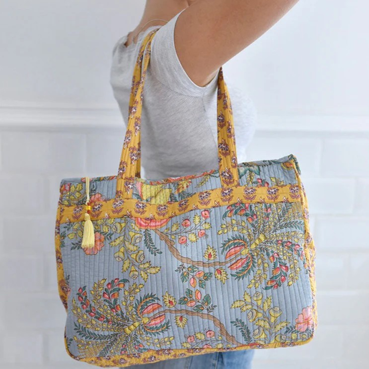 quilted tote bag - grey coral mustard