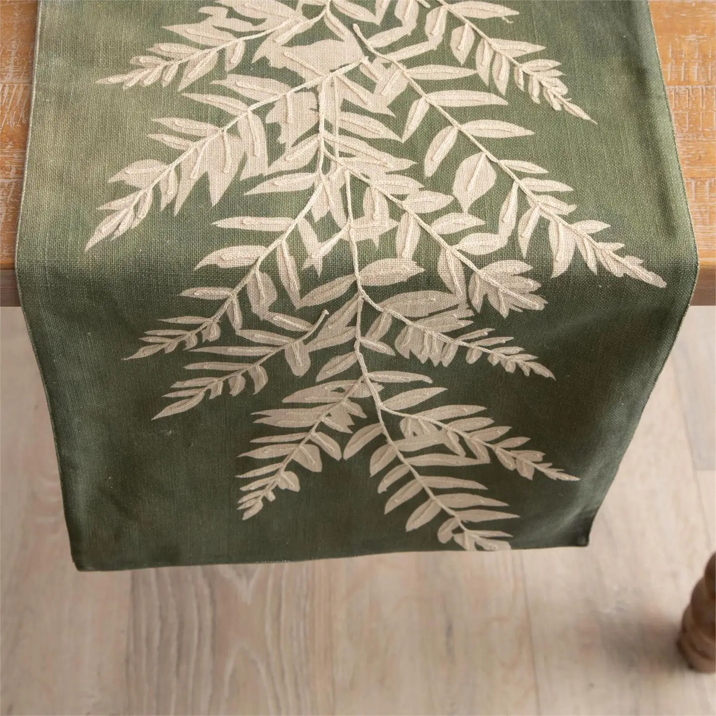 table runner - embroidered leaf in sage
