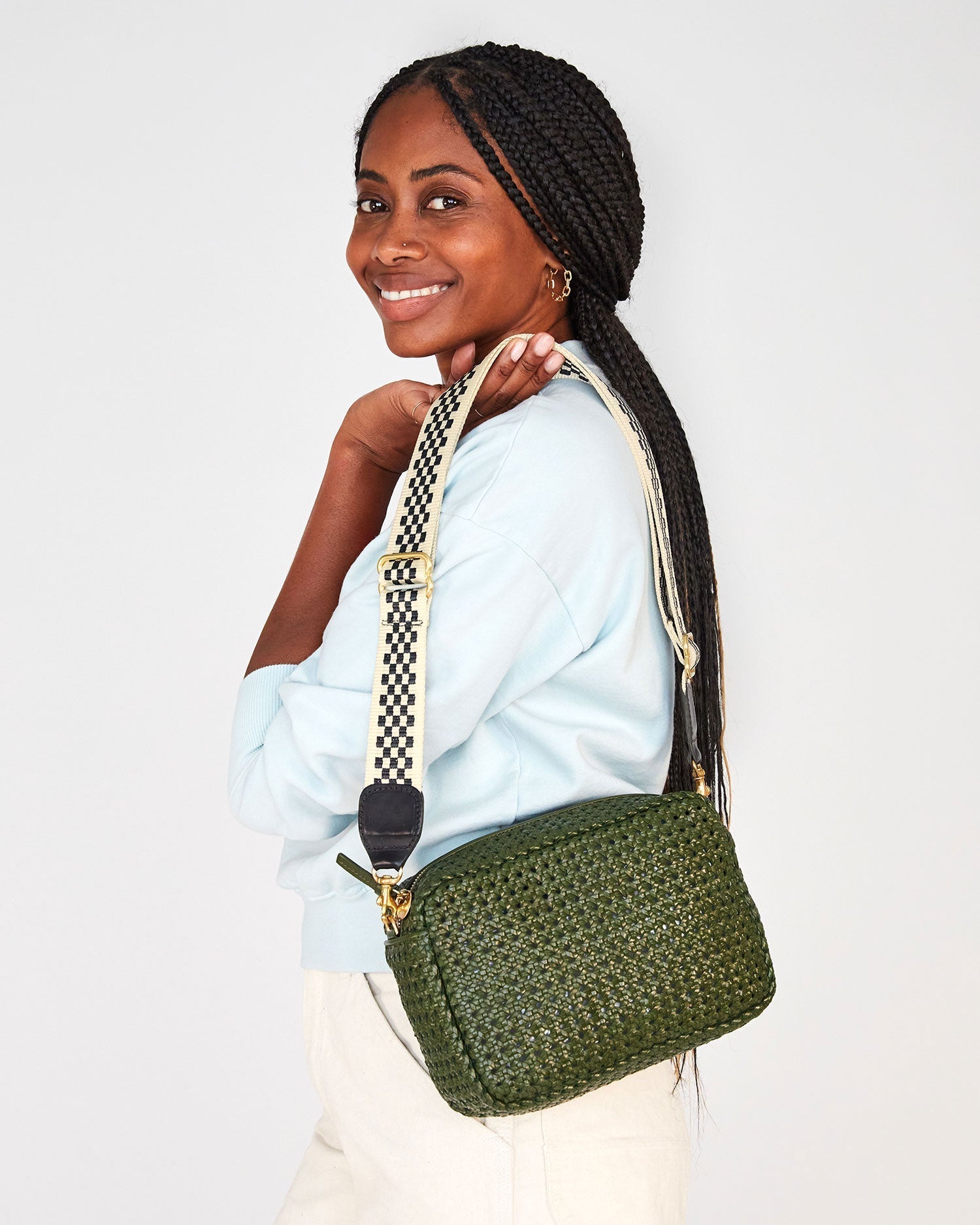 adjustable crossbody strap in checkered