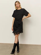 satin mix tee shirt dress in black