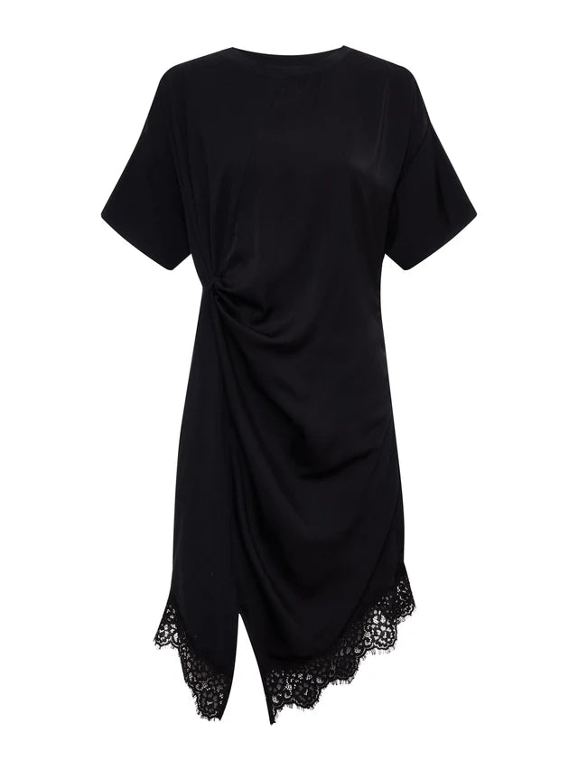 satin mix tee shirt dress in black