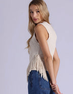 textured crew neck tank with fringe