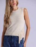 textured crew neck tank with fringe