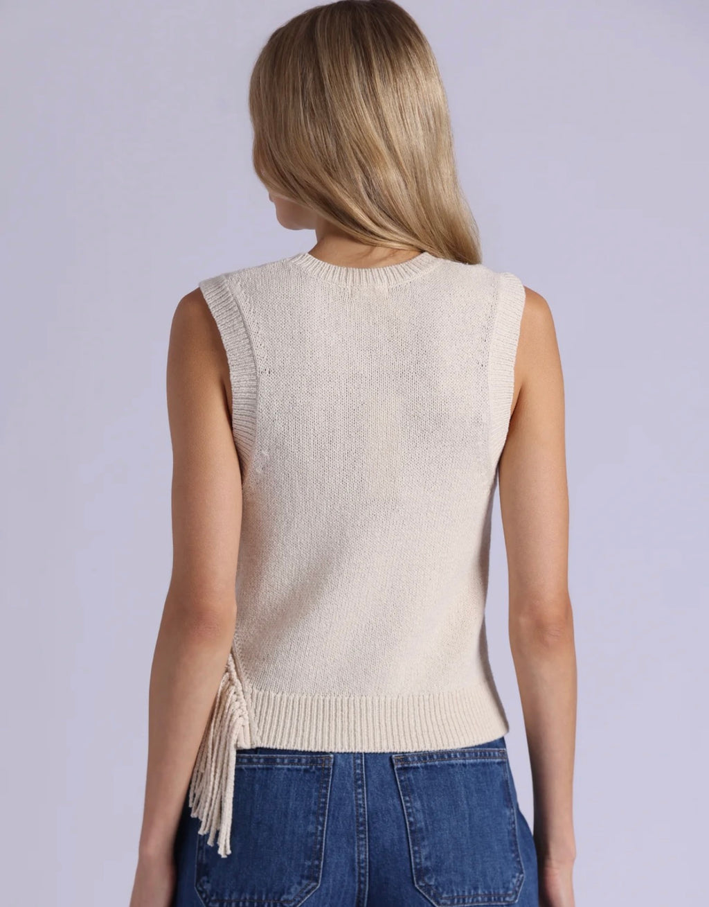 textured crew neck tank with fringe