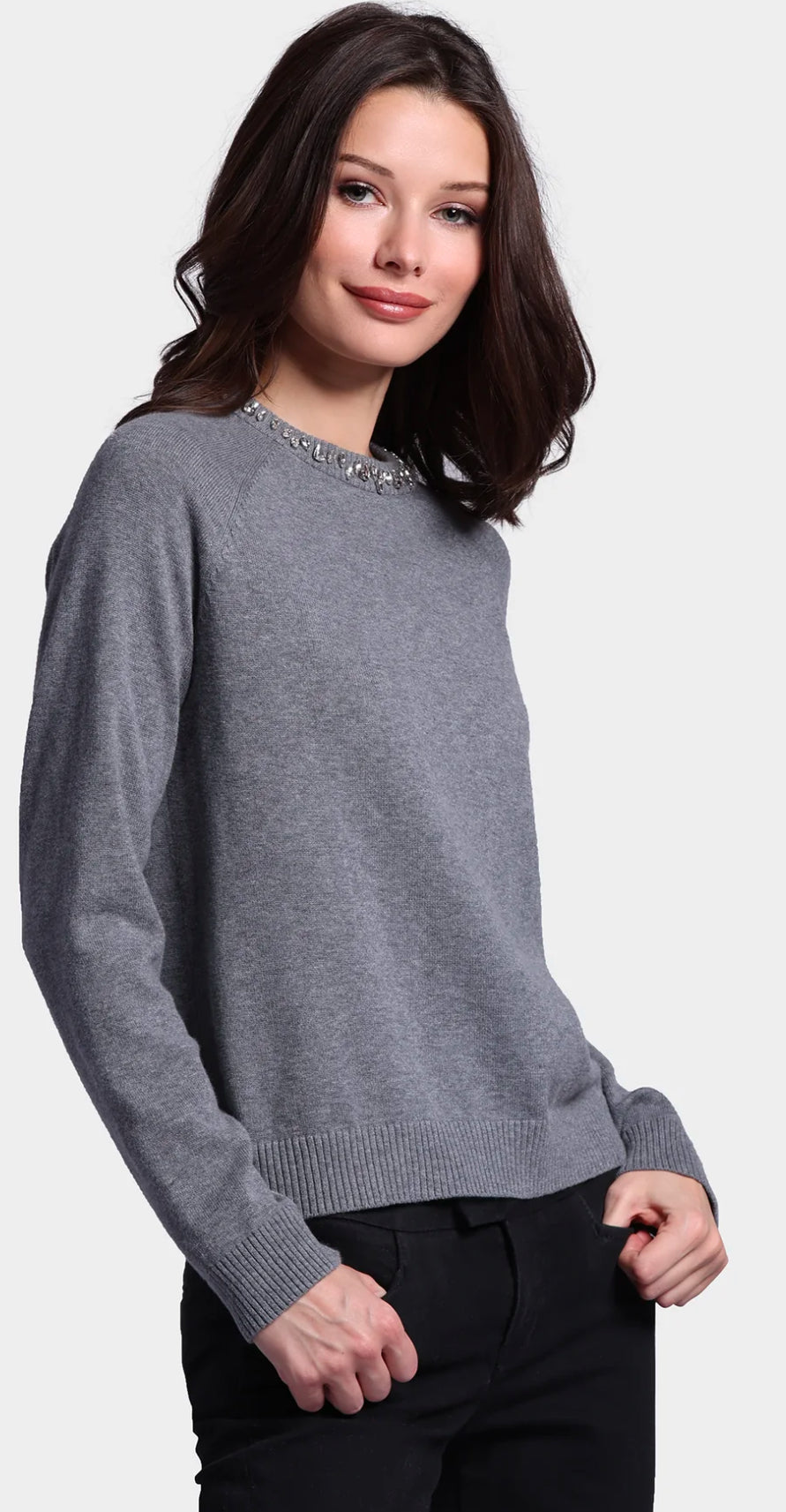 cotton cashmere raglan jewel crew neck in gray shadow