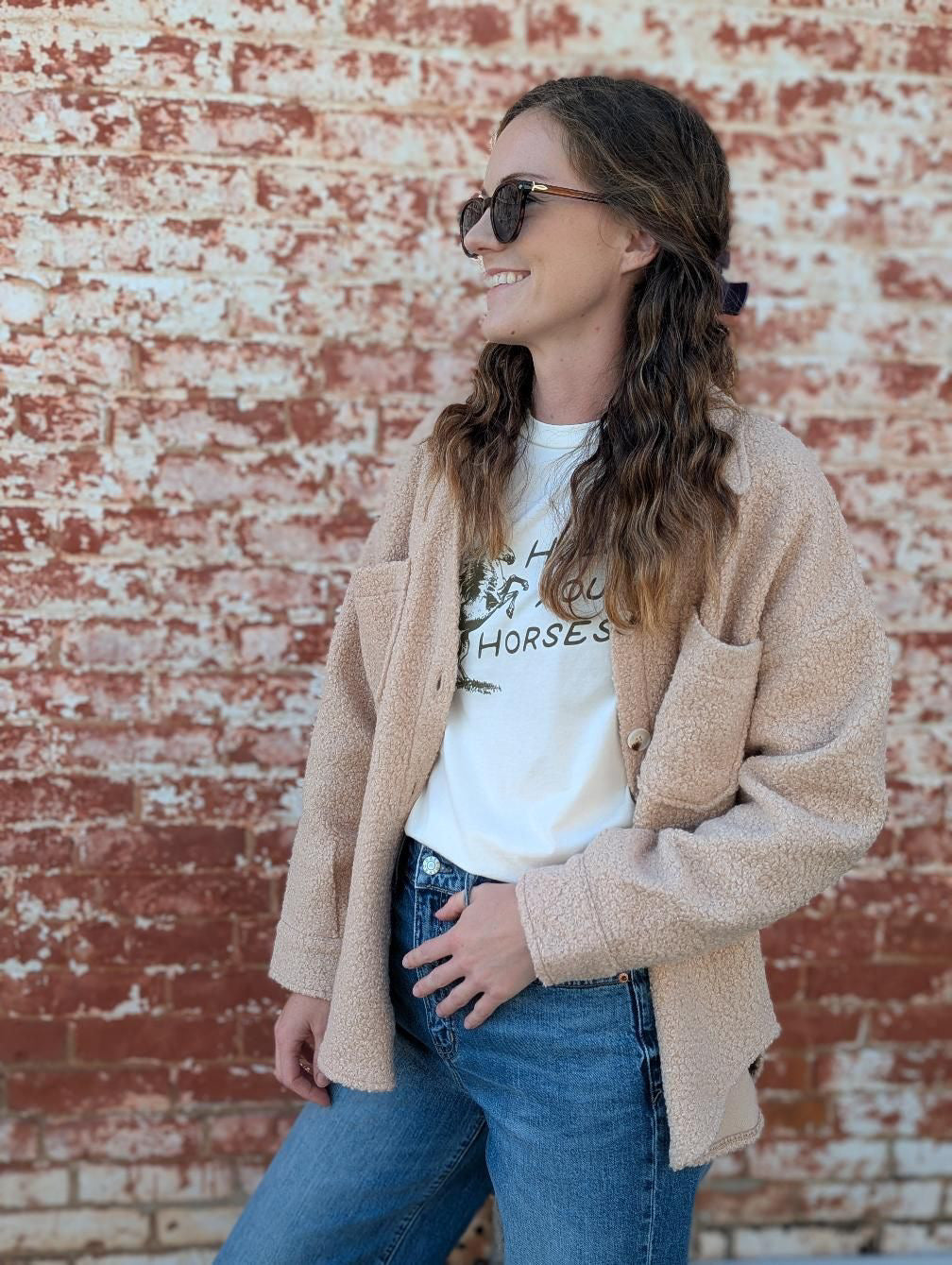 teddy shacket in camel