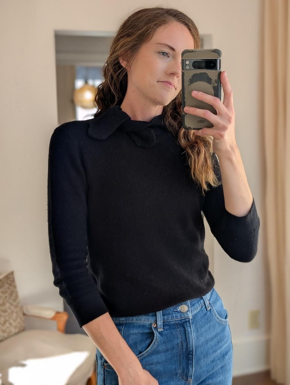 supima cotton cashmere shaker tie up neck top