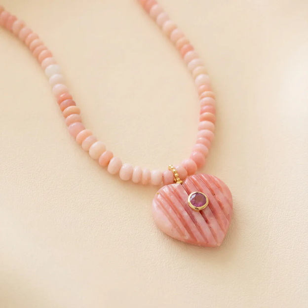 pink opal carved heart necklace