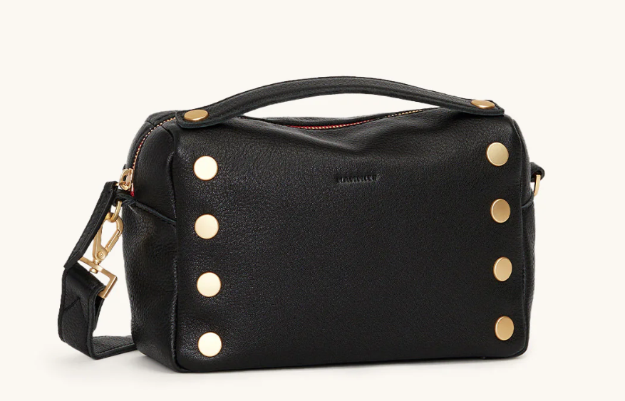 evan crossbody small in black with red zip