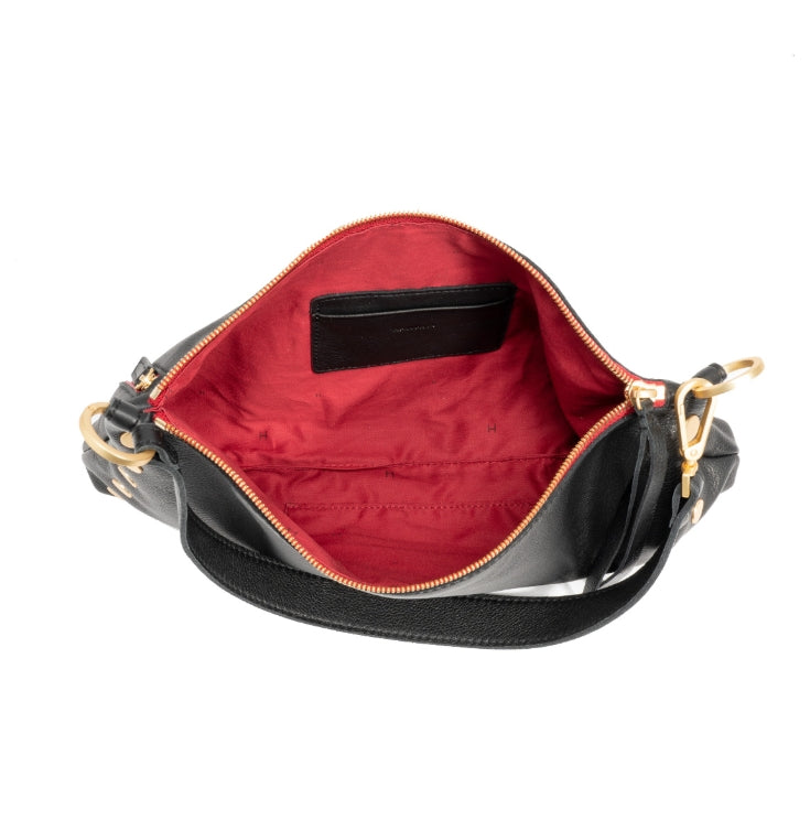 medium kyle in black + brushed gold with red zip