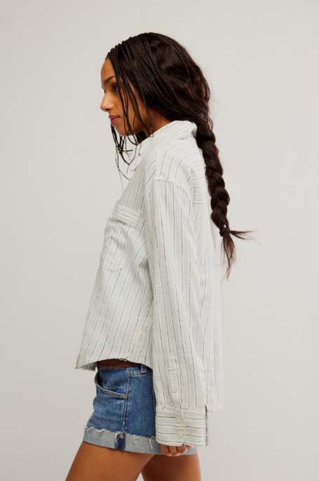 striped linen laurel button down in ivory combo
