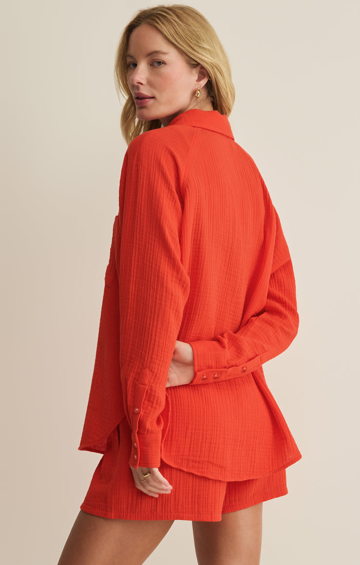 the perfect airy gauze button up in lychee