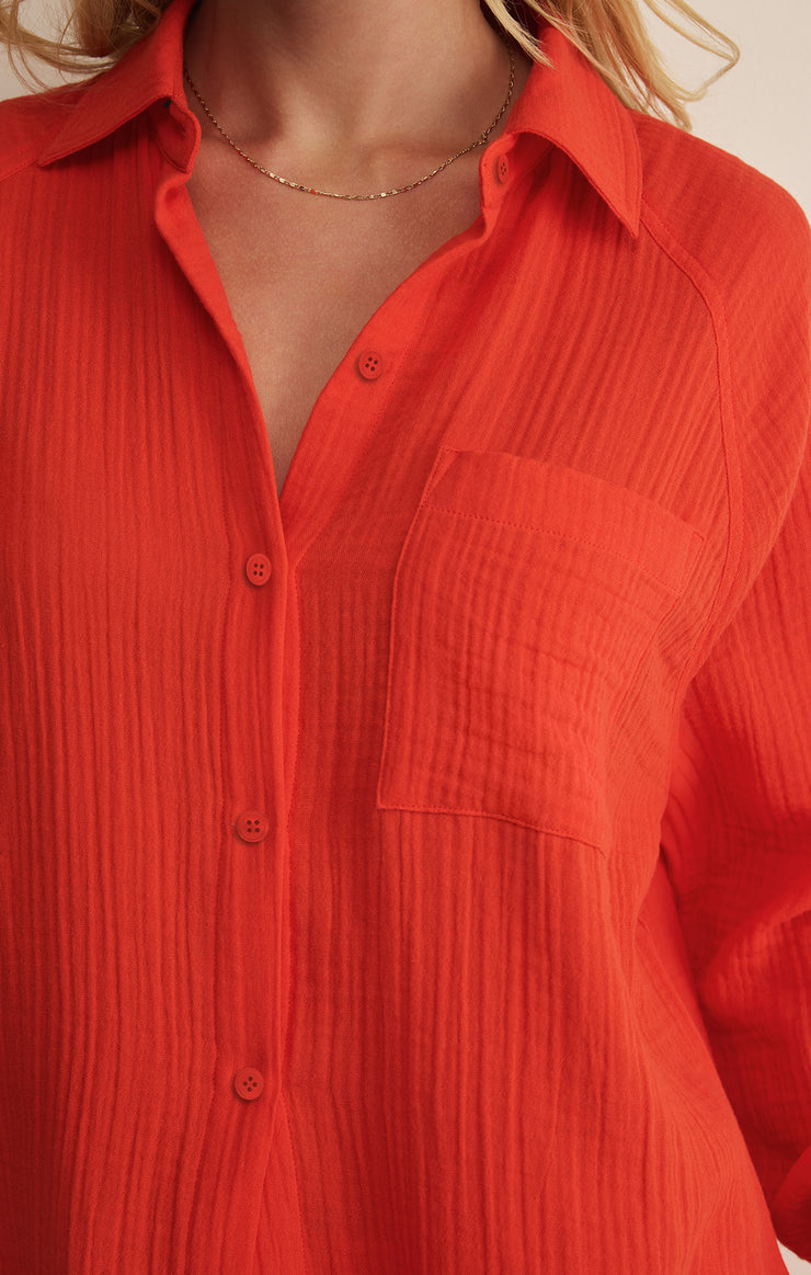 the perfect airy gauze button up in lychee