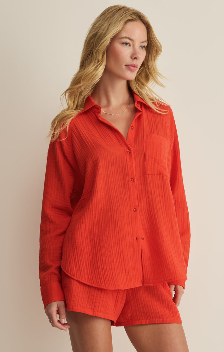 the perfect airy gauze button up in lychee