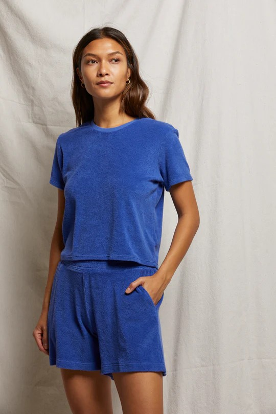 emily loop terry shorts in violet blue