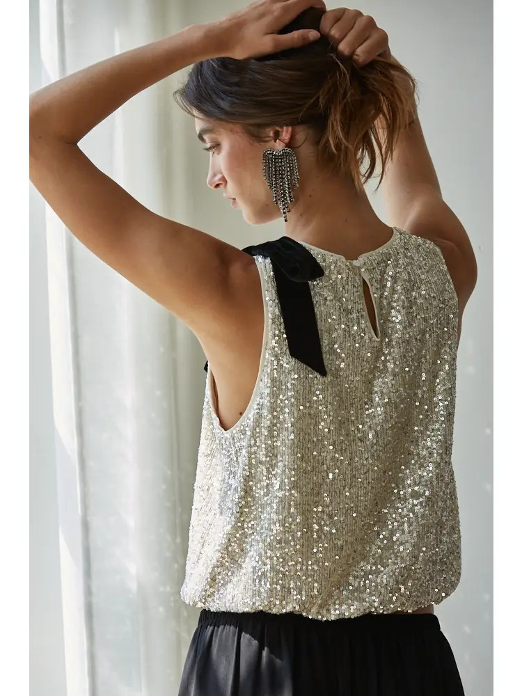 sequin sleeveless top with bow