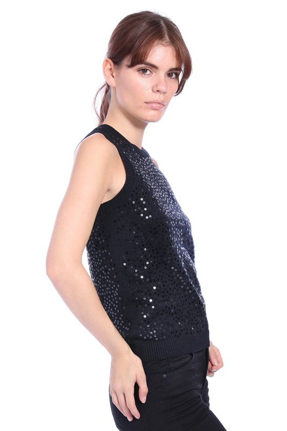 COTTON CASHMERE SEQUINED TANK in Black