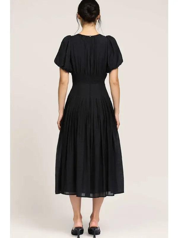 puff sleeve pleated midi