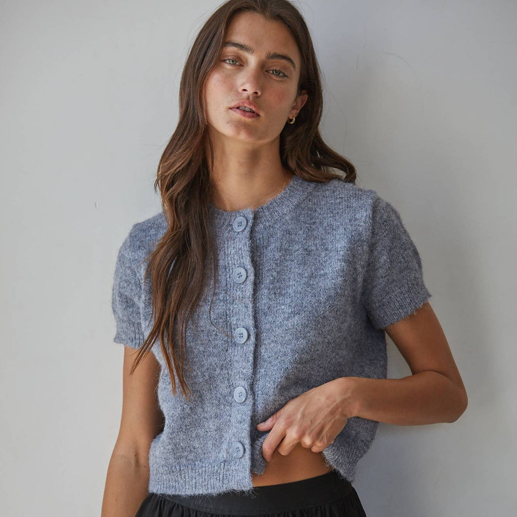knit button down in blue grey