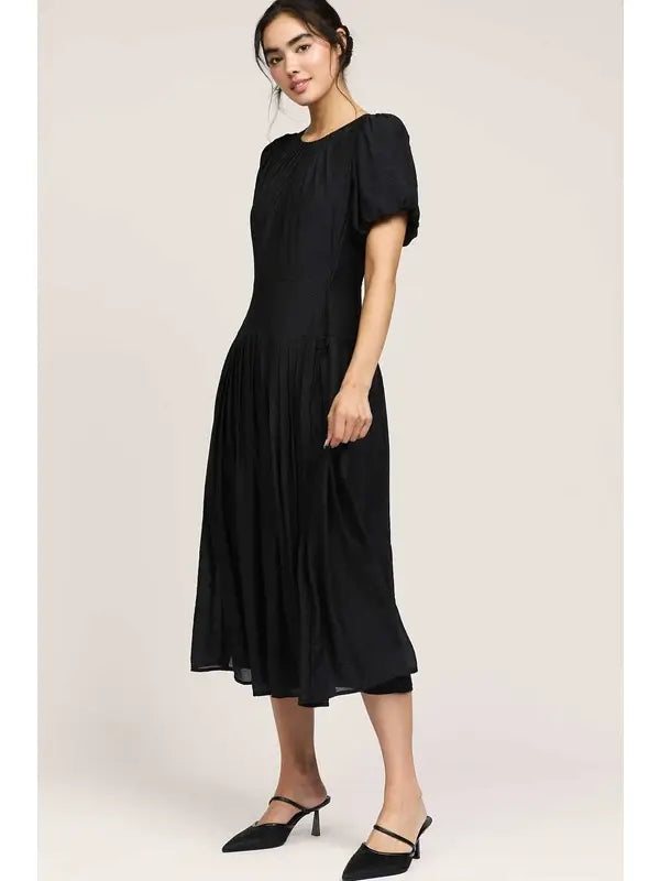 puff sleeve pleated midi