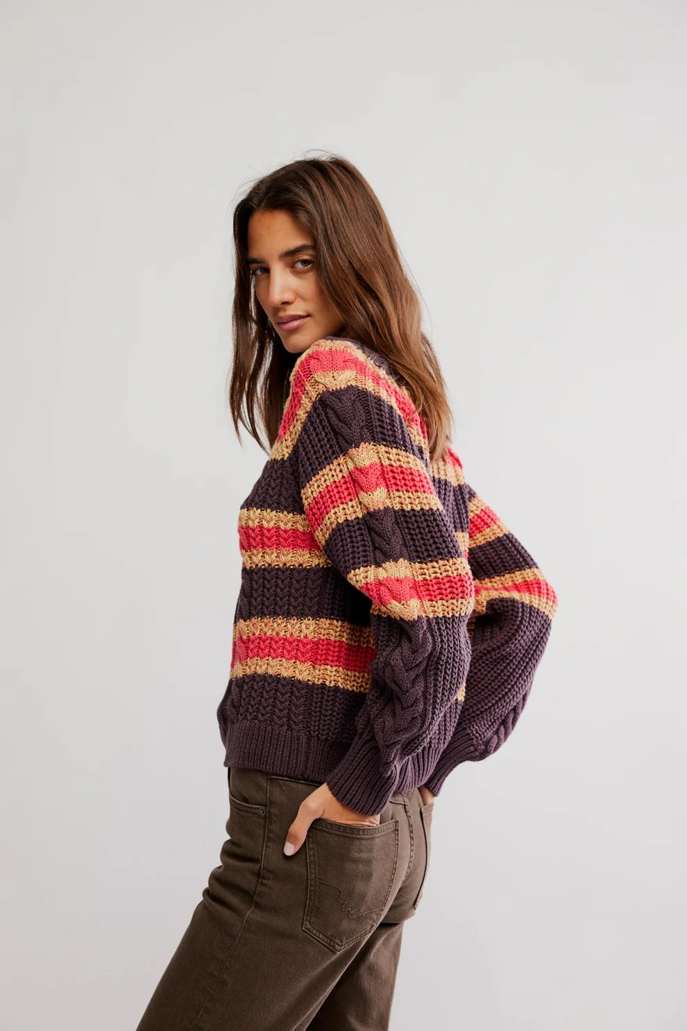 frankie cable striped pullover in chocolate combo