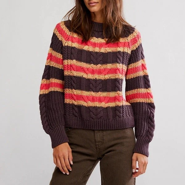 frankie cable striped pullover in chocolate combo
