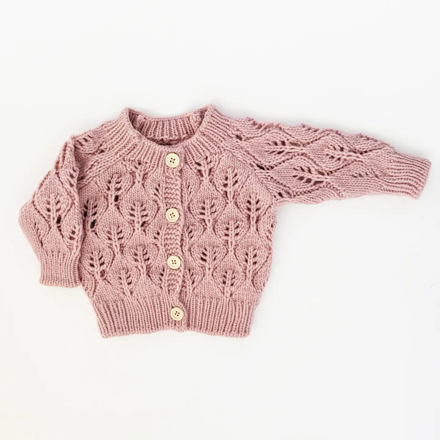 leaf lace baby cardigan in rosy pink