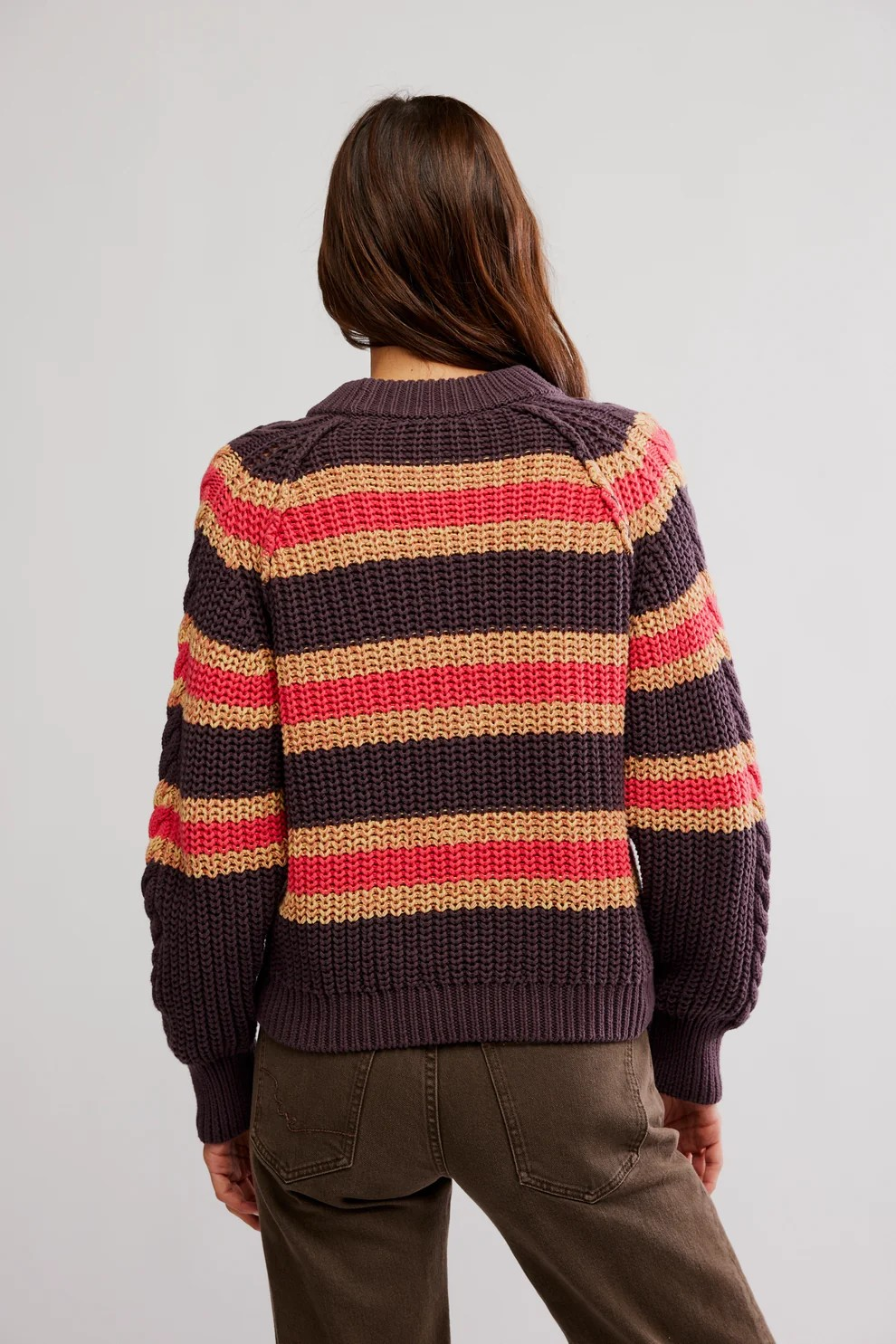 frankie cable striped pullover in chocolate combo
