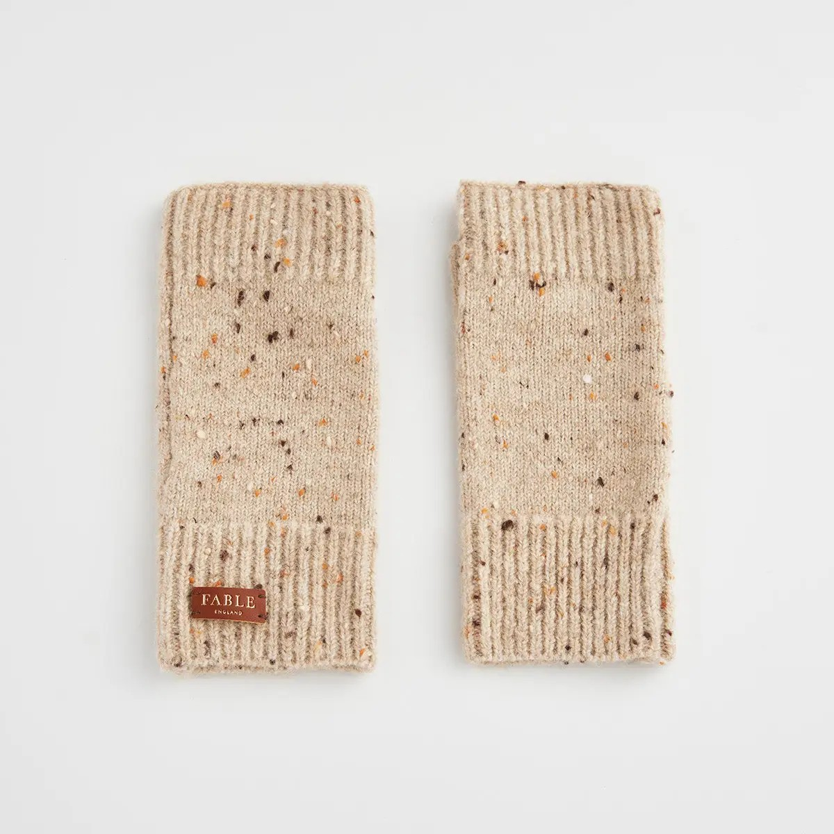 flecked yarn fingerless gloves in taupe