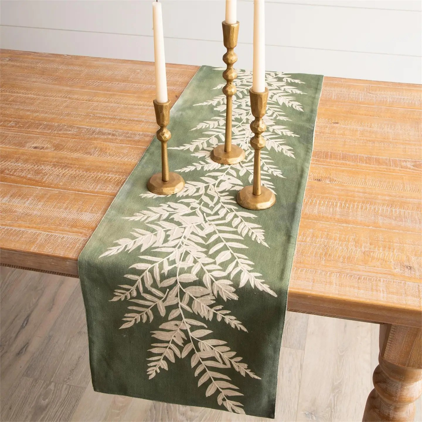 table runner - embroidered leaf in sage