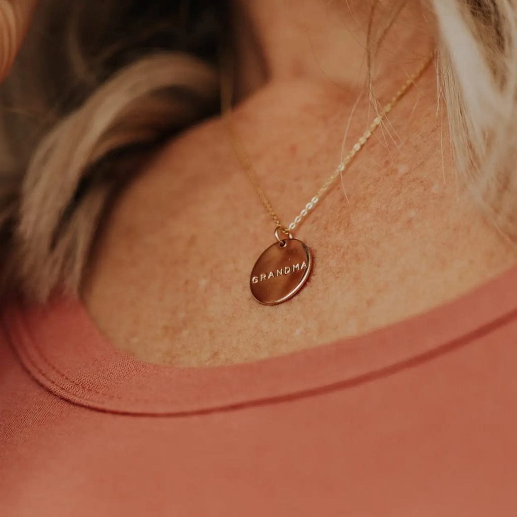 gold filled disc pendant - grandma