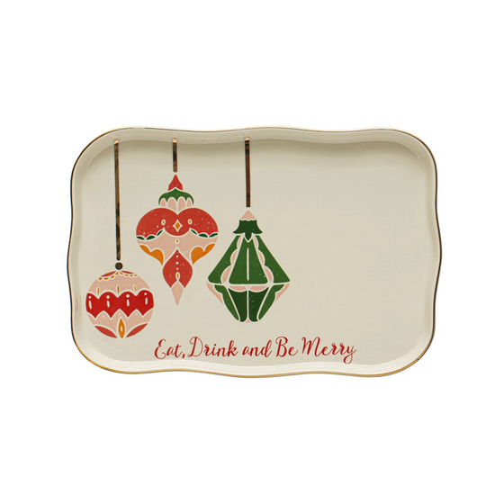Stoneware Tray w/ Ornaments & Gold Electroplating "Eat, Drink And Be Merry"
